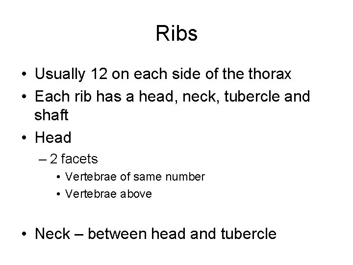 Ribs • Usually 12 on each side of the thorax • Each rib has