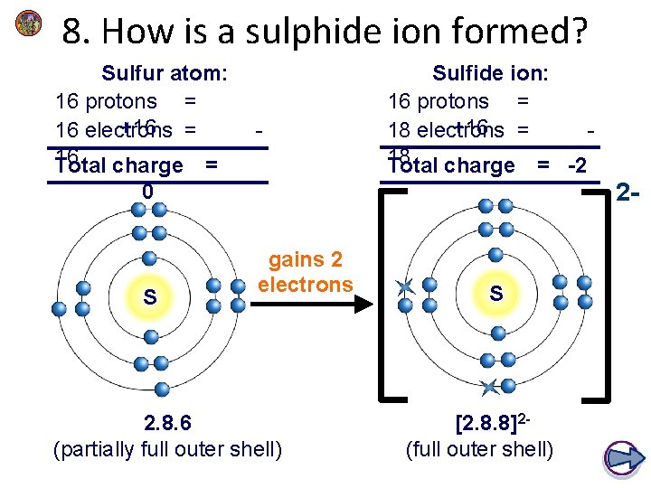 8. How is a sulphide ion formed? Sulfur atom: 16 protons = +16 = 8. How is a sulphide ion formed? Sulfur atom: 16 protons = +16 =