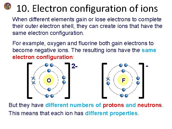 10. Electron configuration of ions When different elements gain or lose electrons to complete 10. Electron configuration of ions When different elements gain or lose electrons to complete