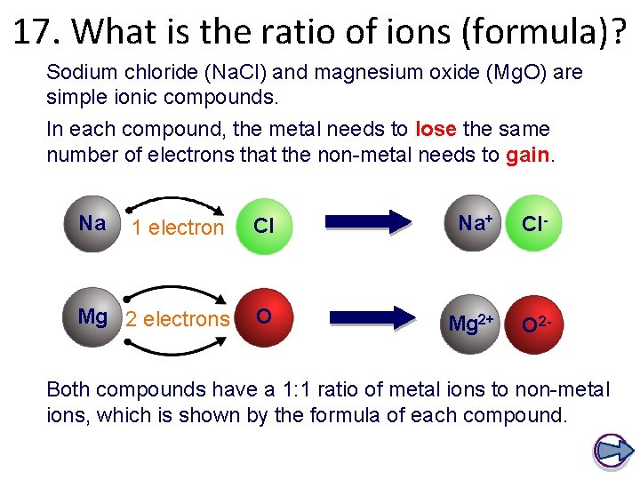 17. What is the ratio of ions (formula)? Sodium chloride (Na. Cl) and magnesium 17. What is the ratio of ions (formula)? Sodium chloride (Na. Cl) and magnesium