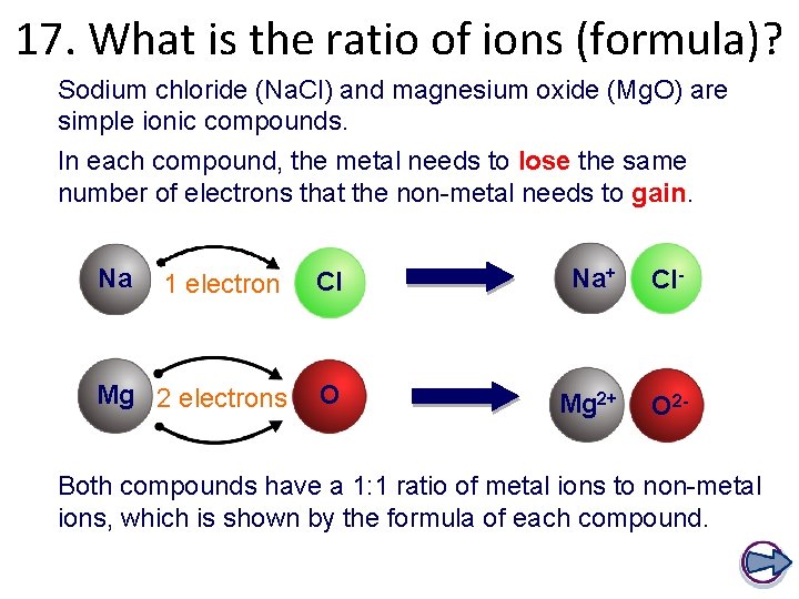 17. What is the ratio of ions (formula)? Sodium chloride (Na. Cl) and magnesium