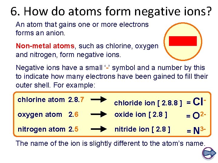 6. How do atoms form negative ions? An atom that gains one or more 6. How do atoms form negative ions? An atom that gains one or more