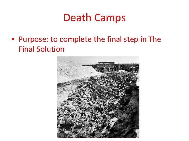 Death Camps • Purpose: to complete the final step in The Final Solution 