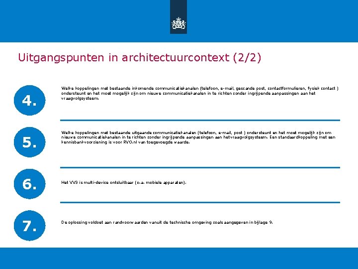 Uitgangspunten in architectuurcontext (2/2) 4. 5. 6. 7. Welke koppelingen met bestaande inkomende communicatiekanalen