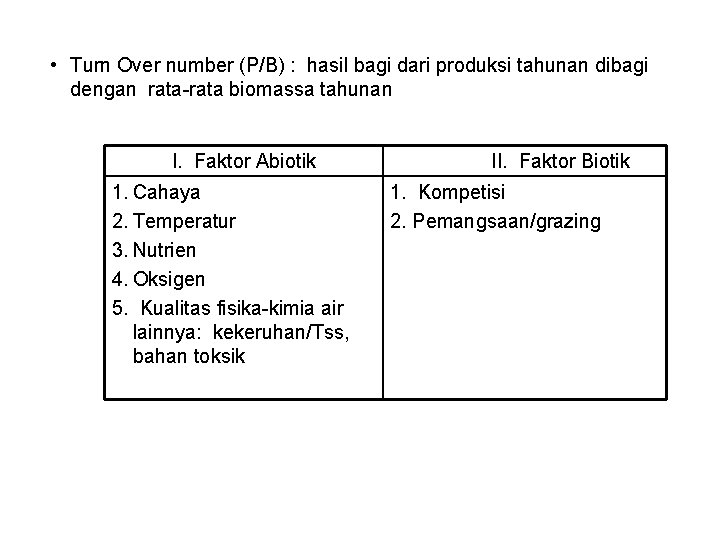  • Turn Over number (P/B) : hasil bagi dari produksi tahunan dibagi dengan