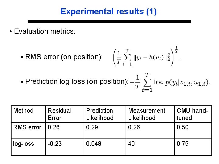 Experimental results (1) • Evaluation metrics: § RMS error (on position): § Prediction log-loss