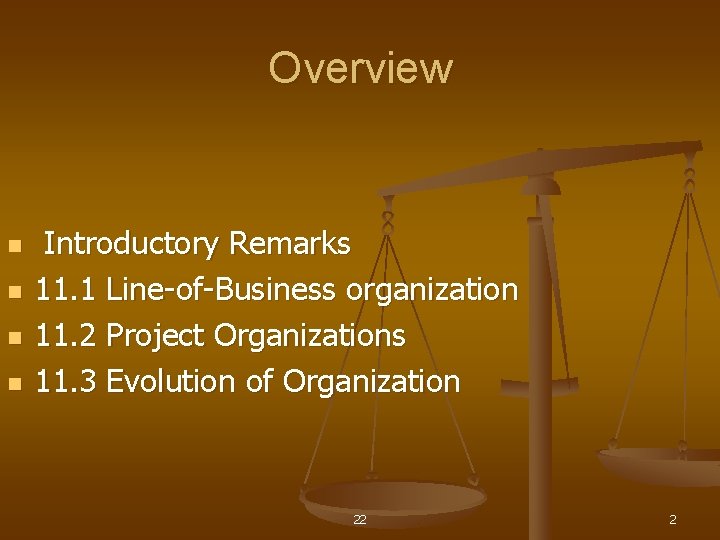 Overview n n Introductory Remarks 11. 1 Line-of-Business organization 11. 2 Project Organizations 11.
