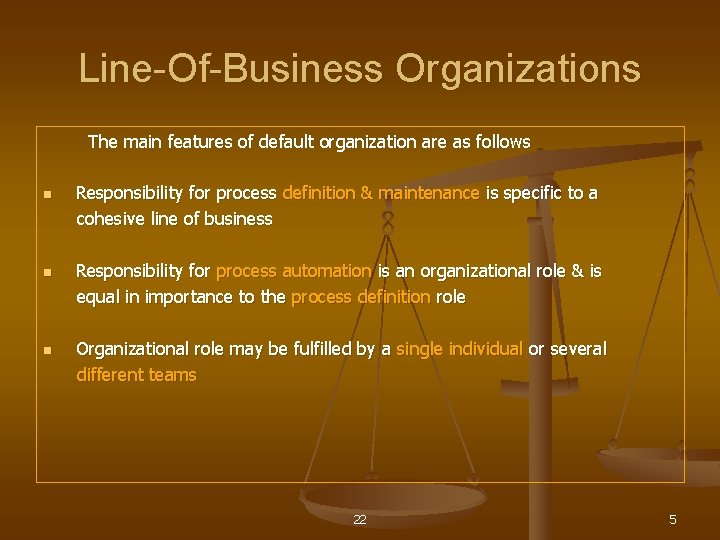 Line-Of-Business Organizations The main features of default organization are as follows Responsibility for process