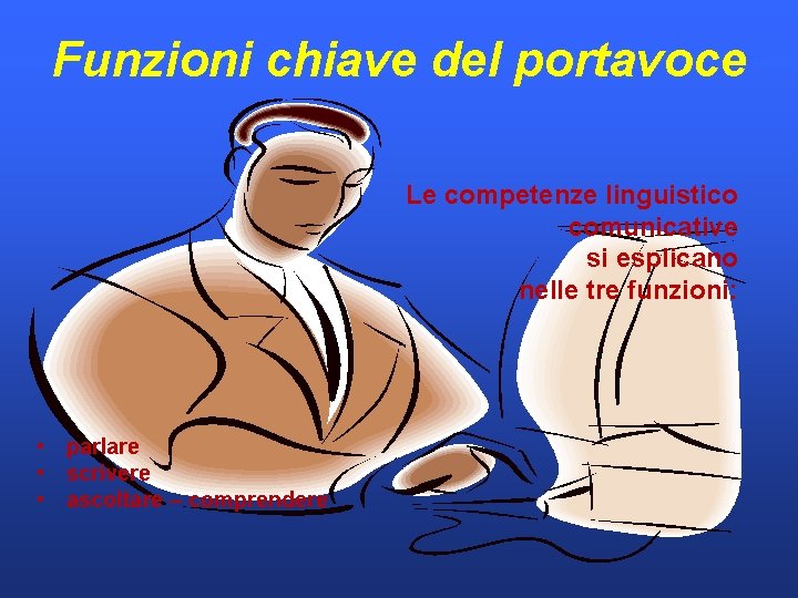 Funzioni chiave del portavoce Le competenze linguistico comunicative si esplicano nelle tre funzioni: •