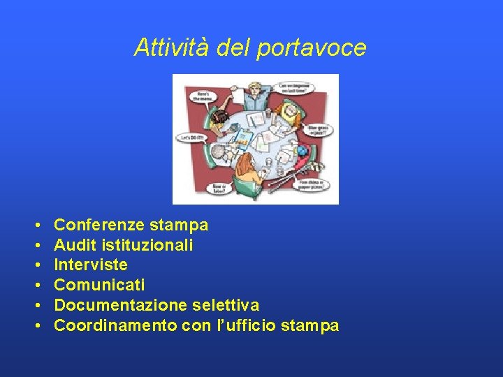Attività del portavoce • • • Conferenze stampa Audit istituzionali Interviste Comunicati Documentazione selettiva