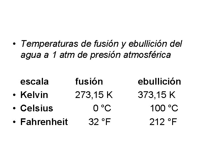  • Temperaturas de fusión y ebullición del agua a 1 atm de presión