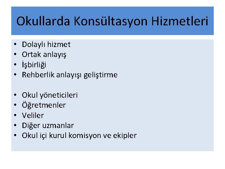 Okullarda Konsültasyon Hizmetleri • • Dolaylı hizmet Ortak anlayış İşbirliği Rehberlik anlayışı geliştirme •