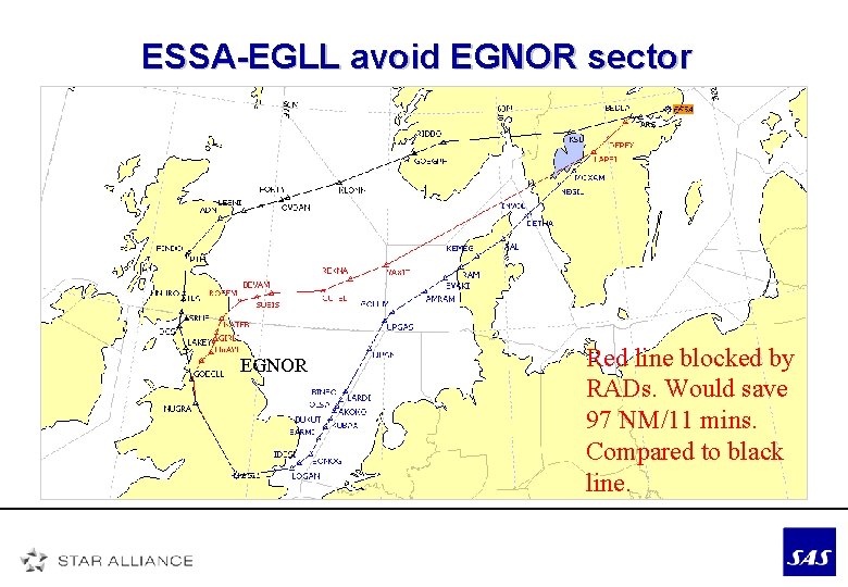 ESSA-EGLL avoid EGNOR sector EGNOR Red line blocked by RADs. Would save 97 NM/11