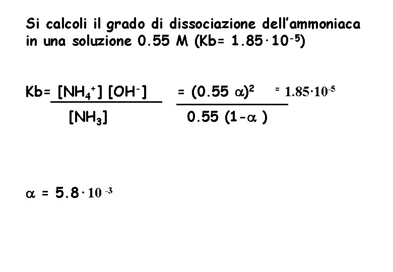 Si calcoli il grado di dissociazione dell’ammoniaca in una soluzione 0. 55 M (Kb=