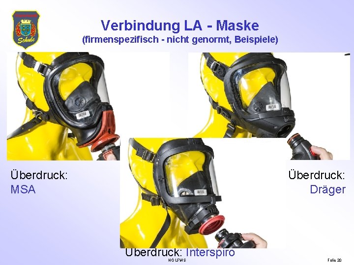 Verbindung LA - Maske (firmenspezifisch - nicht genormt, Beispiele) Überdruck: MSA Überdruck: Dräger Überdruck: