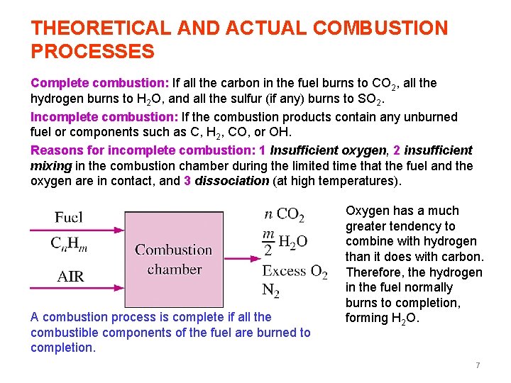 THEORETICAL AND ACTUAL COMBUSTION PROCESSES Complete combustion: If all the carbon in the fuel