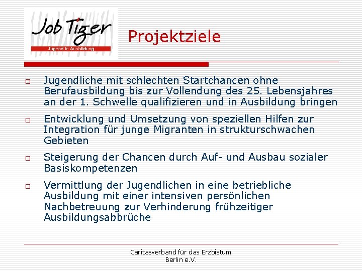 Projektziele o o Jugendliche mit schlechten Startchancen ohne Berufausbildung bis zur Vollendung des 25.