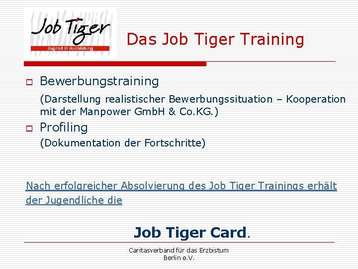 Das Job Tiger Training o Bewerbungstraining (Darstellung realistischer Bewerbungssituation – Kooperation mit der Manpower