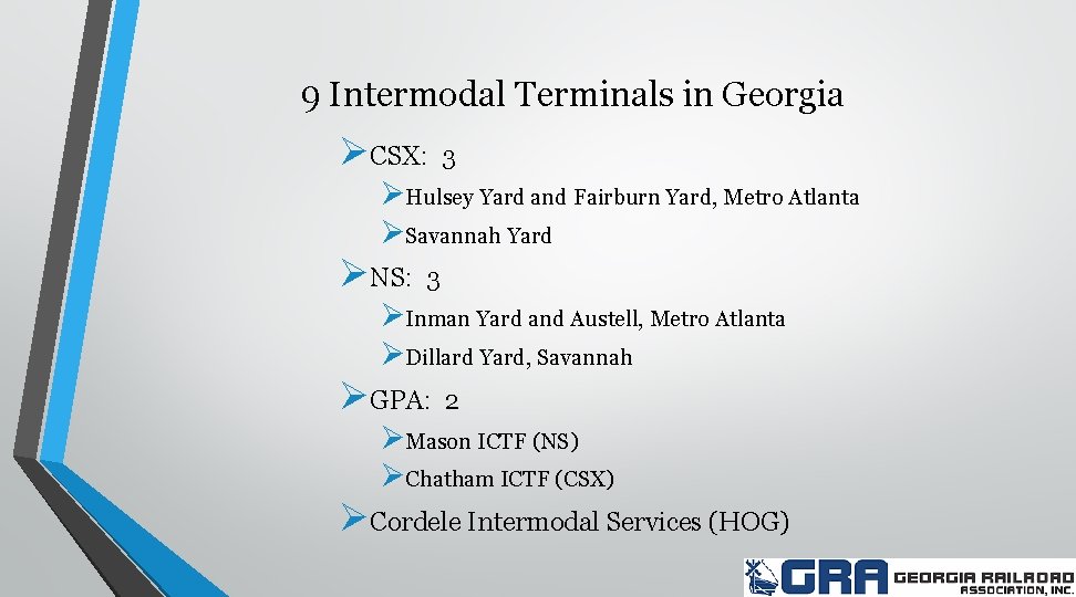 9 Intermodal Terminals in Georgia ØCSX: 3 ØHulsey Yard and Fairburn Yard, Metro Atlanta