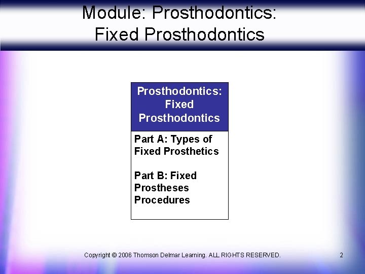Module: Prosthodontics: Fixed Prosthodontics Part A: Types of Fixed Prosthetics Part B: Fixed Prostheses