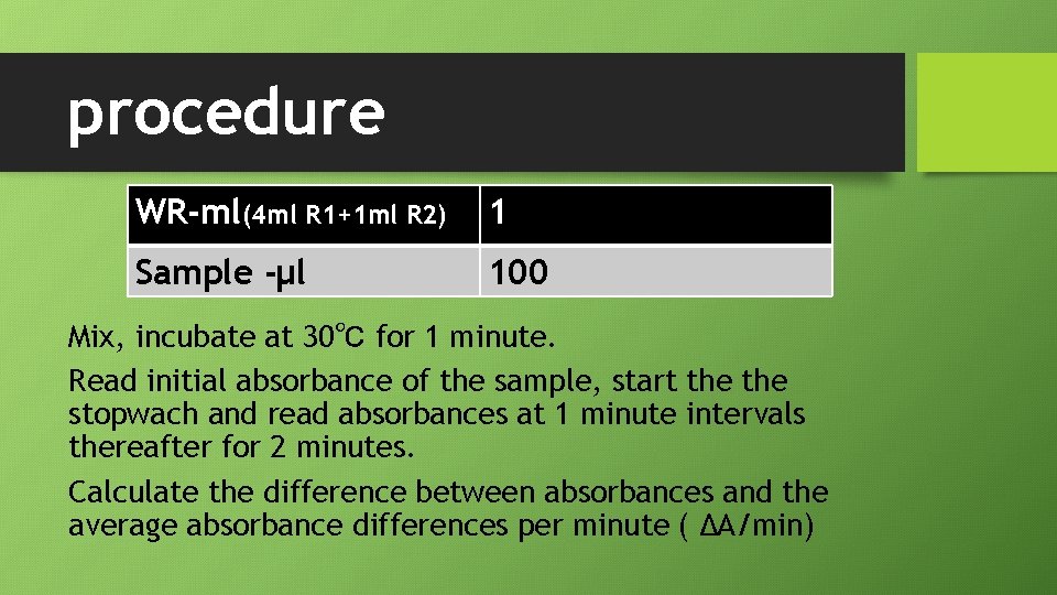 procedure WR-ml(4 ml R 1+1 ml R 2) 1 Sample -µl 100 Mix, incubate