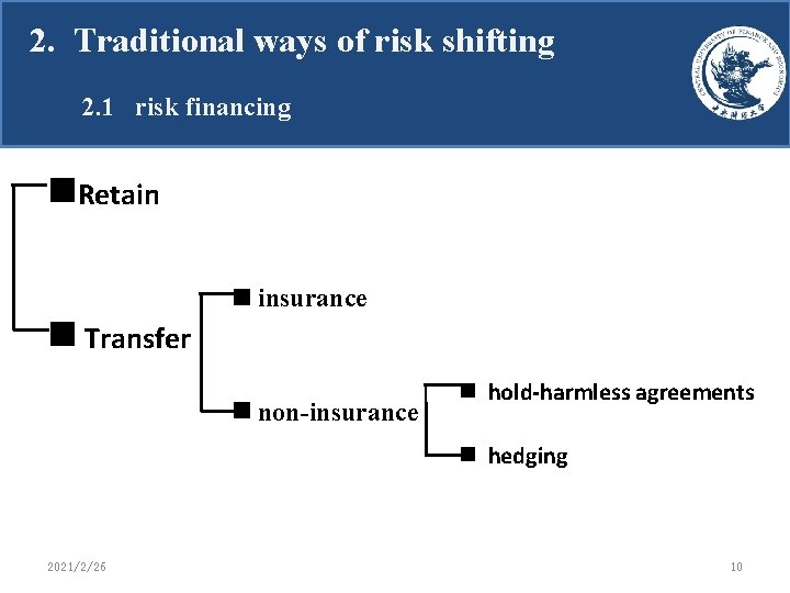 2. Traditional ways of risk shifting Introduction 2. 1 risk financing Retain insurance Transfer