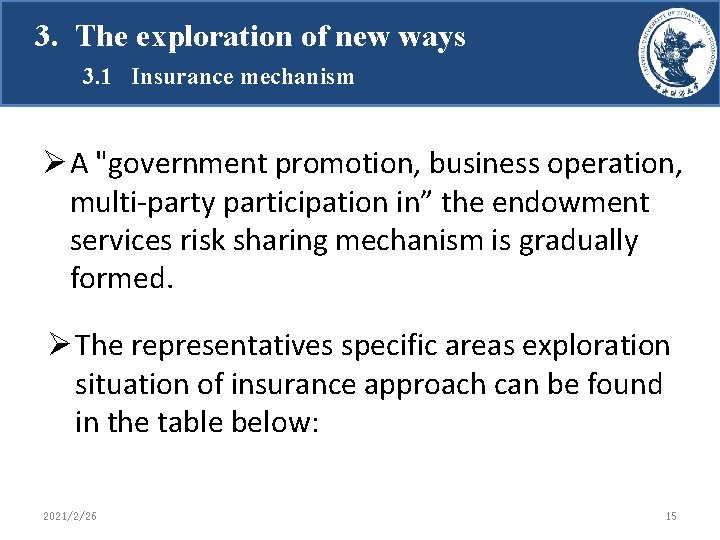 3. The exploration of new ways 3. 1 Insurance mechanism Ø A "government promotion,