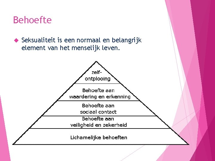 Behoefte Seksualiteit is een normaal en belangrijk element van het menselijk leven. 