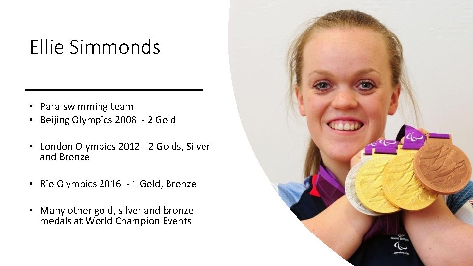 Ellie Simmonds • Para-swimming team • Beijing Olympics 2008 - 2 Gold • London