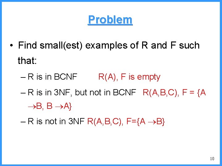 Problem • Find small(est) examples of R and F such that: – R is