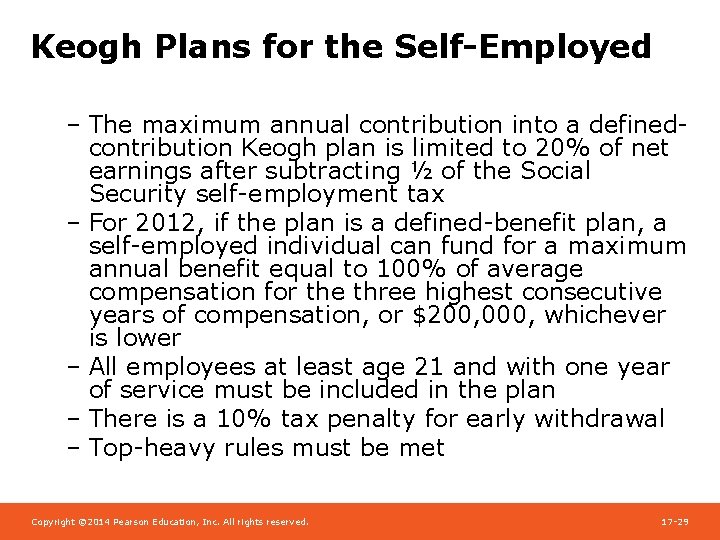 Keogh Plans for the Self-Employed – The maximum annual contribution into a definedcontribution Keogh