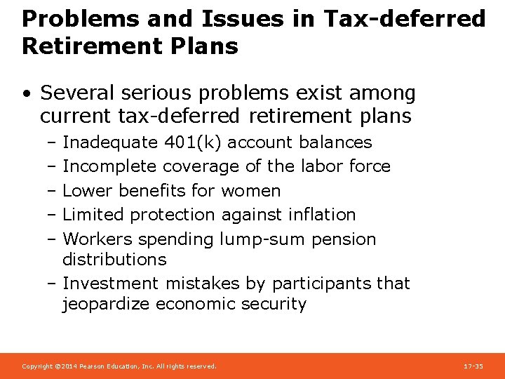 Problems and Issues in Tax-deferred Retirement Plans • Several serious problems exist among current