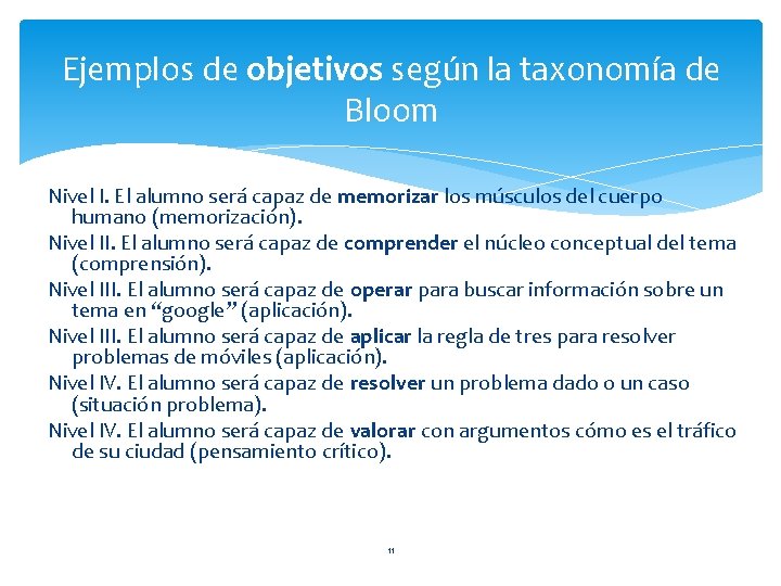 Ejemplos de objetivos según la taxonomía de Bloom Nivel I. El alumno será capaz