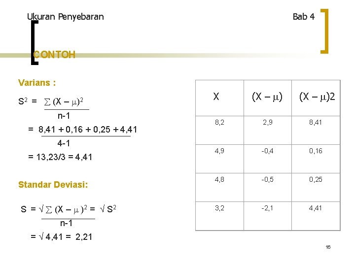 Ukuran Penyebaran Bab 4 CONTOH Varians : S 2 = (X – )2 n-1