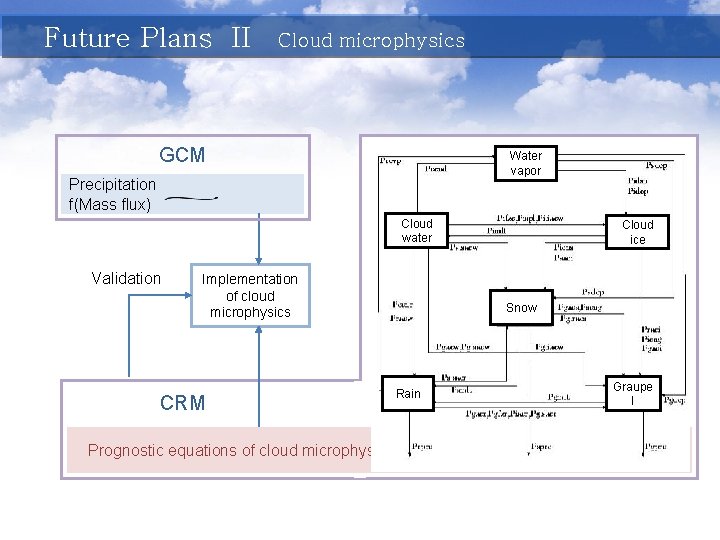 Future Plans II Cloud microphysics GCM Water vapor Precipitation f(Mass flux) Cloud water Validation