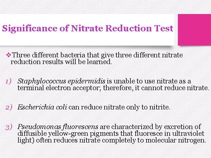 Significance of Nitrate Reduction Test v. Three different bacteria that give three different nitrate