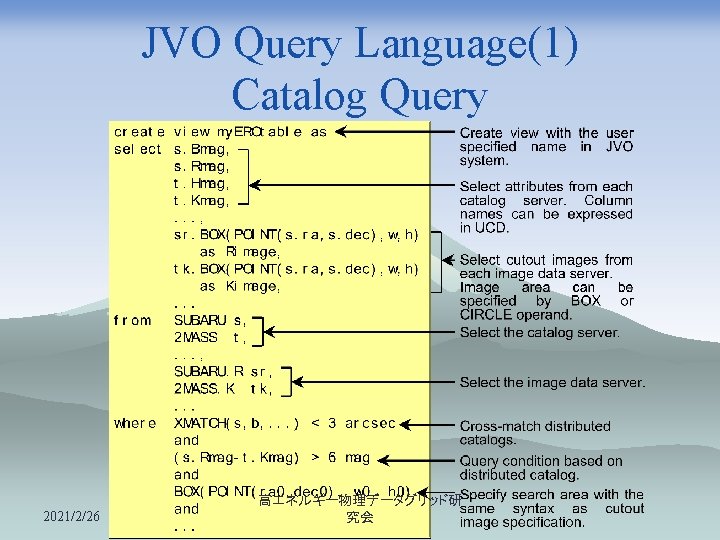 JVO Query Language(1) Catalog Query 2021/2/26 高エネルギー物理データグリッド研 究会 