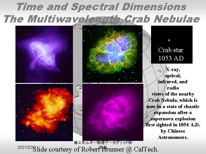 Time and Spectral Dimensions The Multiwavelength Crab Nebulae Crab star 1053 AD X-ray, optical,