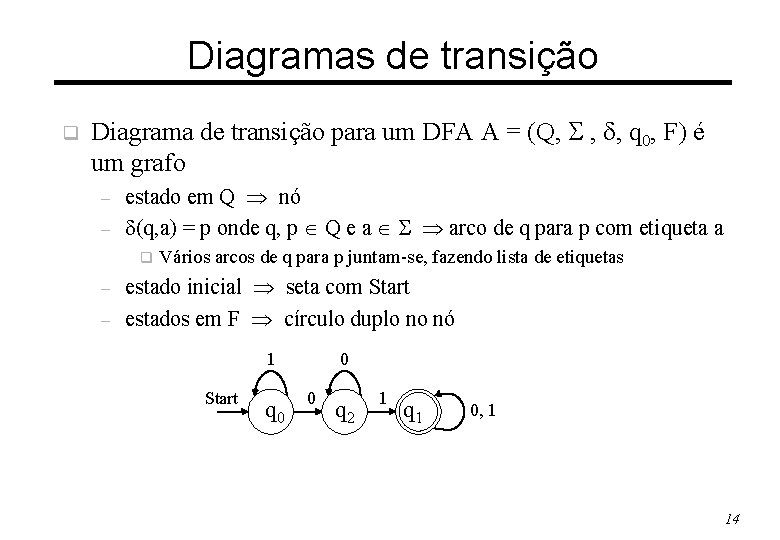 Diagramas de transição q Diagrama de transição para um DFA A = (Q, ,