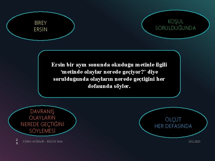 KOŞUL SORULDUĞUNDA BİREY ERSİN Ersin bir ayın sonunda okuduğu metinle ilgili ‘metinde olaylar nerede