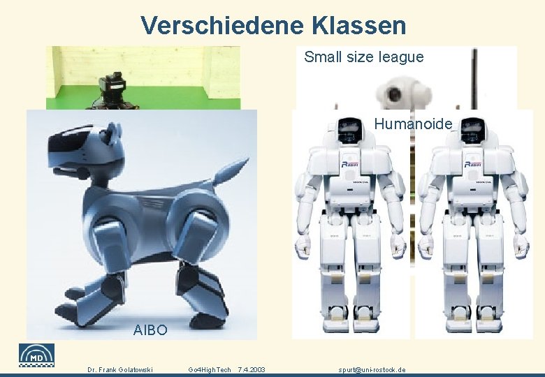 Verschiedene Klassen Small size league Humanoide Middle size league AIBO Universität Rostock, FB Elektrotechnik