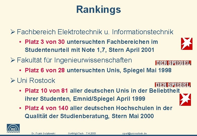 Rankings Ø Fachbereich Elektrotechnik u. Informationstechnik • Platz 3 von 30 untersuchten Fachbereichen im