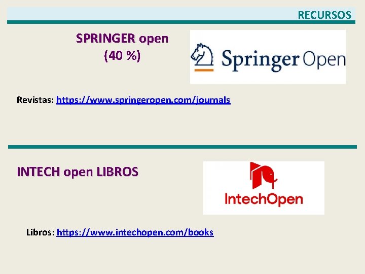 RECURSOS SPRINGER open (40 %) Revistas: https: //www. springeropen. com/journals INTECH open LIBROS Libros: