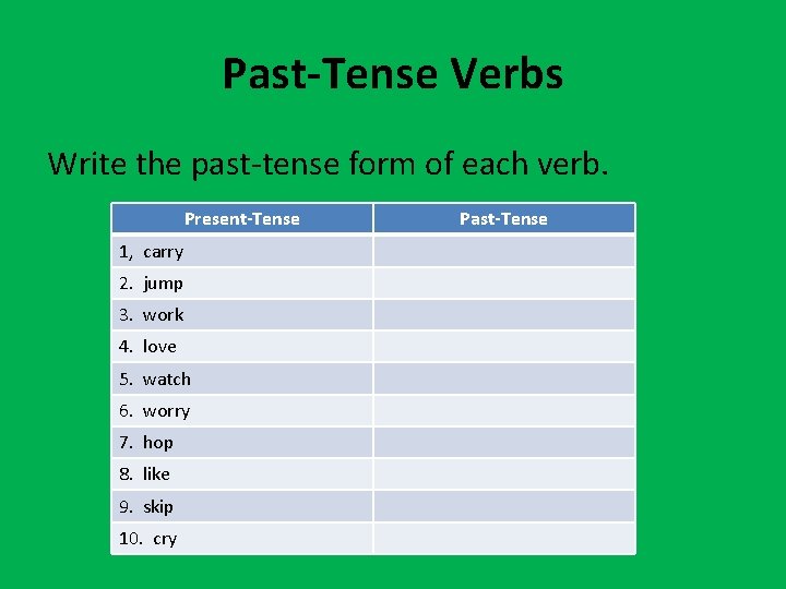 Past-Tense Verbs Write the past-tense form of each verb. Present-Tense 1, carry 2. jump
