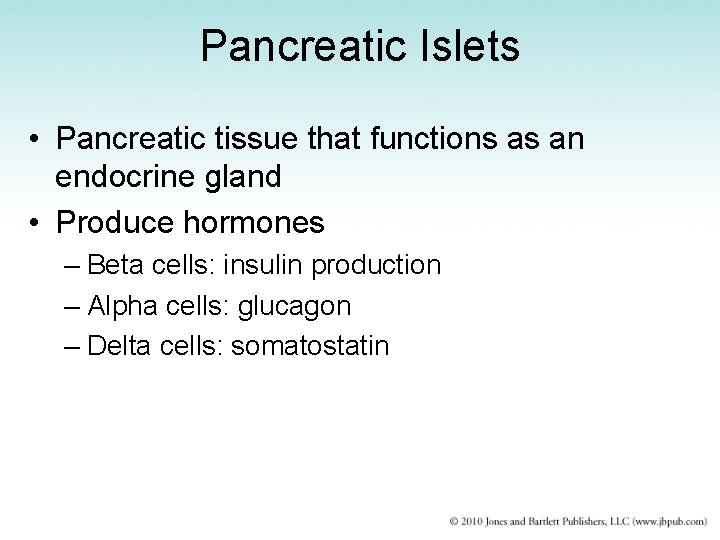 Pancreatic Islets • Pancreatic tissue that functions as an endocrine gland • Produce hormones