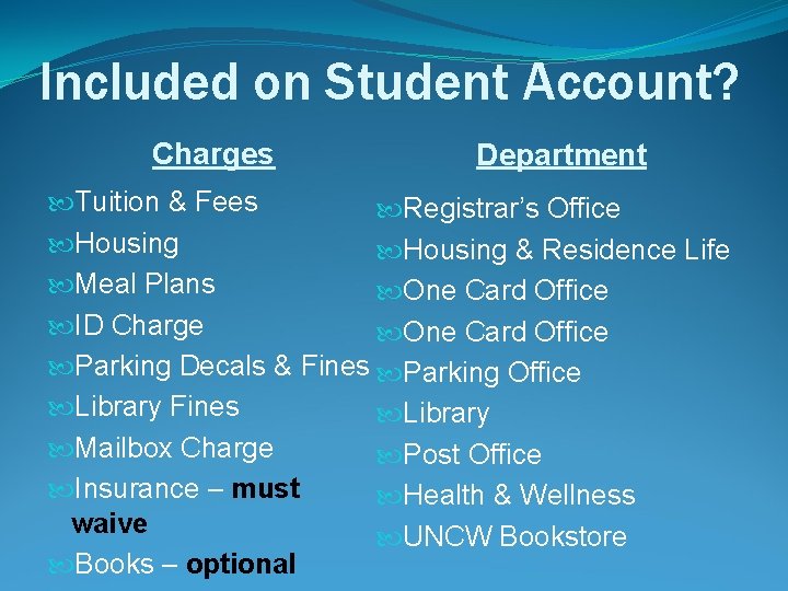 Included on Student Account? Charges Department Tuition & Fees Registrar’s Office Housing & Residence