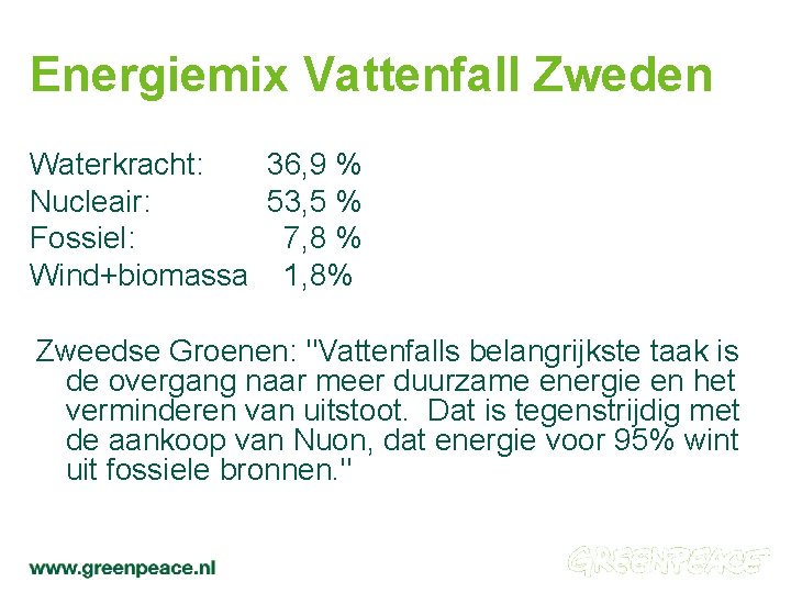 Energiemix Vattenfall Zweden Waterkracht: 36, 9 % Nucleair: 53, 5 % Fossiel: 7, 8