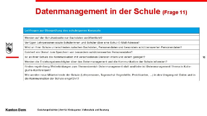 Datenmanagement in der Schule (Frage 11) 10 Kanton Bern Erziehungsdirektion | Amt für Kindergarten,