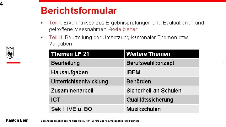 4 Berichtsformular Kanton Bern § Teil I: Erkenntnisse aus Ergebnisprüfungen und Evaluationen und getroffene