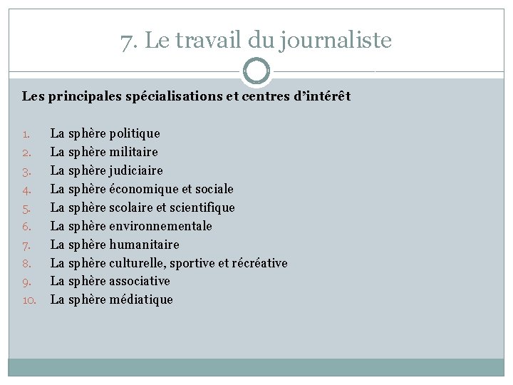 7. Le travail du journaliste Les principales spécialisations et centres d’intérêt 1. La sphère